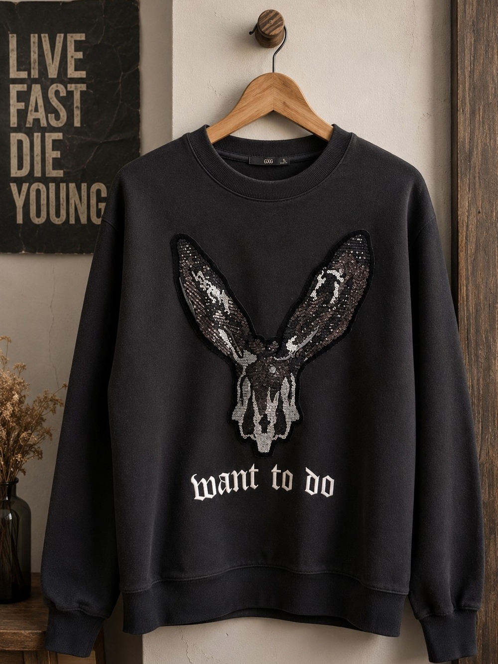 GXG Mens XL Black Skull Sequin Sweatshirt Gothic Grunge Y2K Streetwear